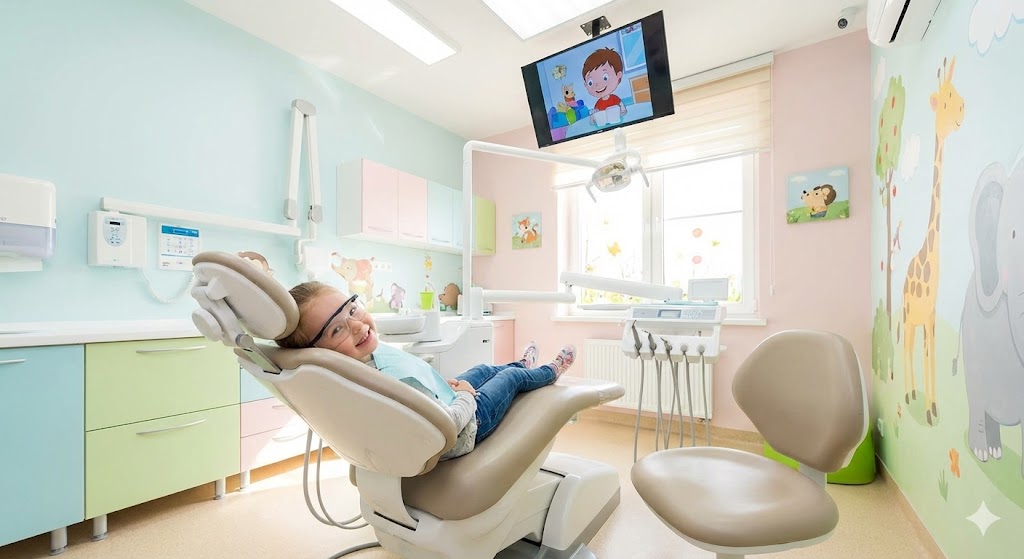 천장형 TV가 설치된 소아치과 진료실