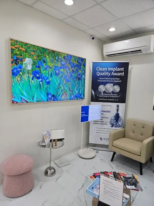 Sungshim Dental waiting area with seating and floral artwork